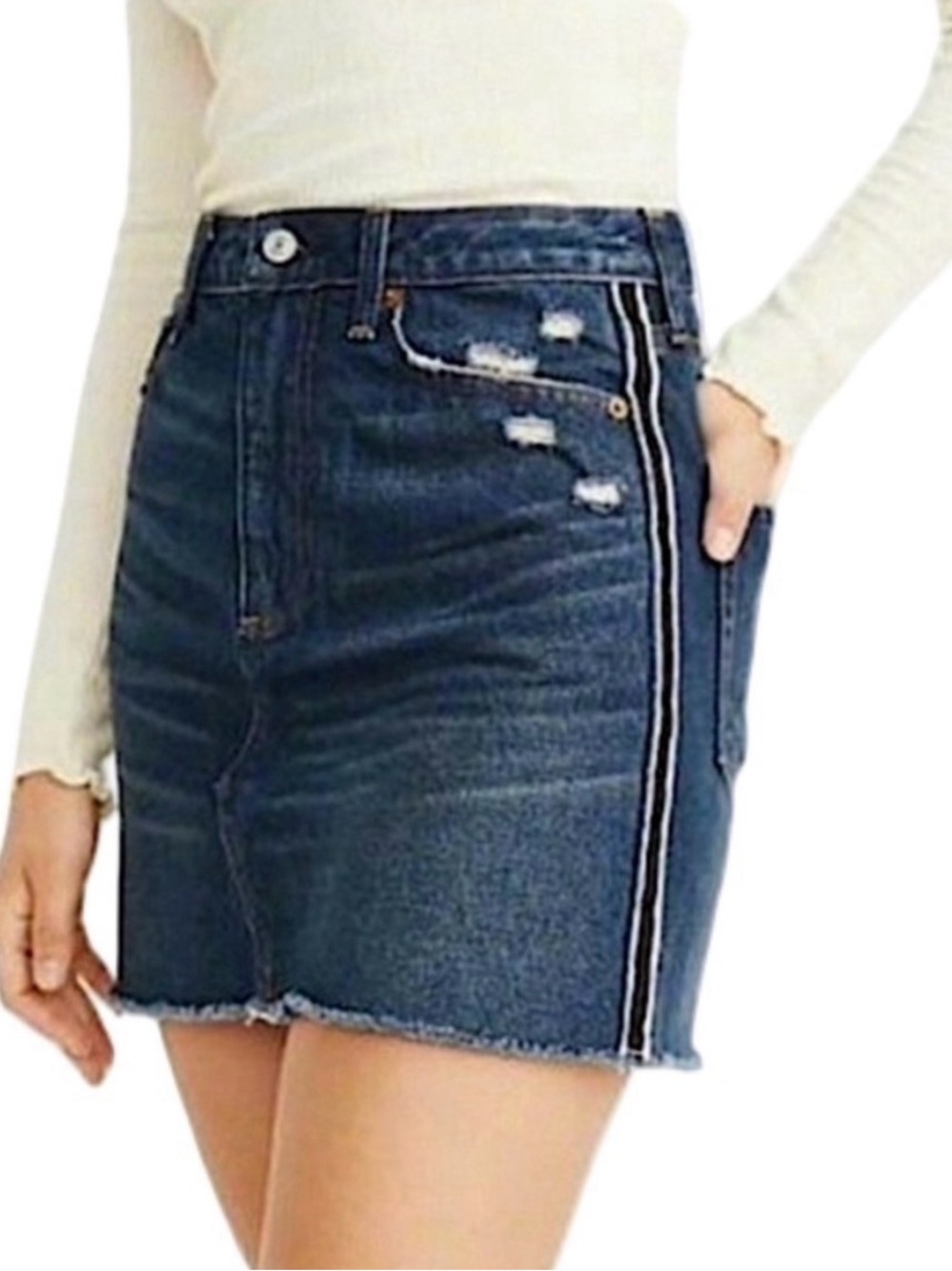 Abercrombie & Fitch Dark Blue Distressed Denim Mini Skirt with Side Stripe
